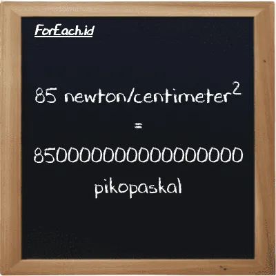 85 newton/centimeter<sup>2</sup> setara dengan 850000000000000000 pikopaskal (85 N/cm<sup>2</sup> setara dengan 850000000000000000 pPa)
